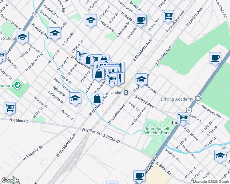 map of restaurants, bars, coffee shops, grocery stores, and more near in Linden