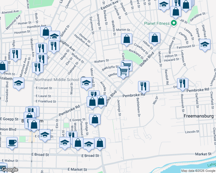 map of restaurants, bars, coffee shops, grocery stores, and more near 821 East Washington Avenue in Bethlehem