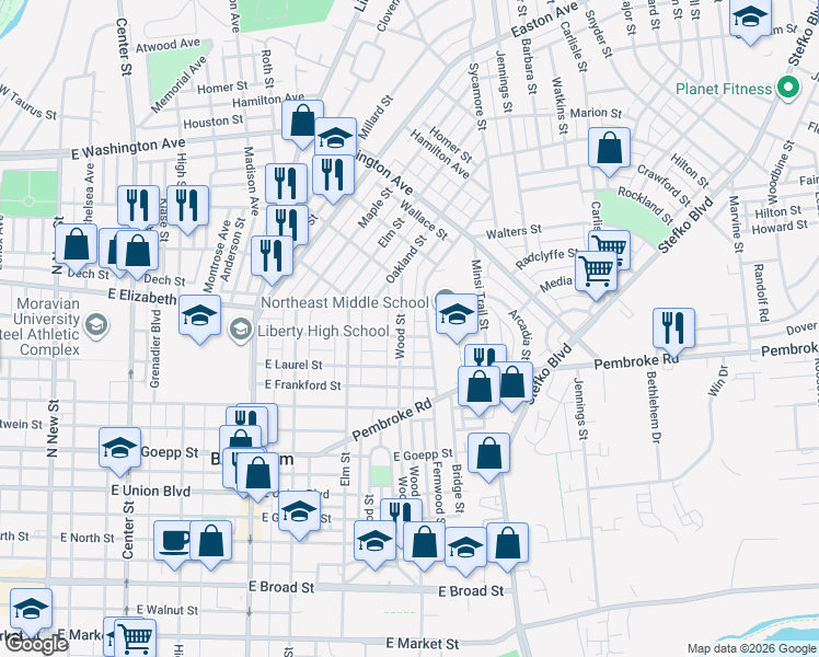 map of restaurants, bars, coffee shops, grocery stores, and more near 1402 Wood Street in Bethlehem