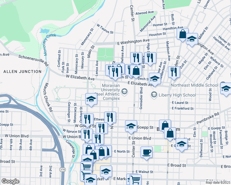 map of restaurants, bars, coffee shops, grocery stores, and more near 1214 North New Street in Bethlehem