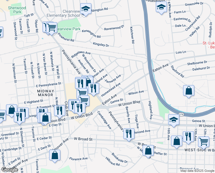 map of restaurants, bars, coffee shops, grocery stores, and more near 2041 Fernway Avenue in Bethlehem
