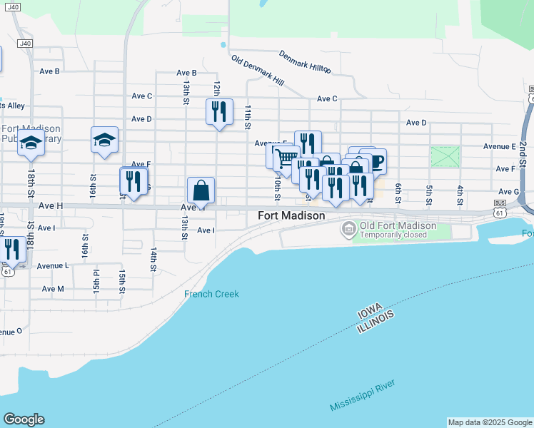map of restaurants, bars, coffee shops, grocery stores, and more near 711 10th St in Fort Madison