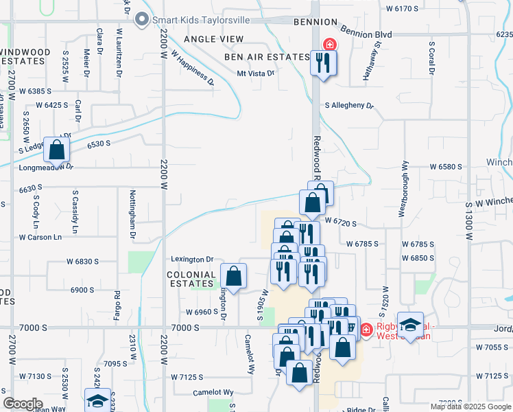 map of restaurants, bars, coffee shops, grocery stores, and more near 6683 Alice Susanna Lane in West Jordan