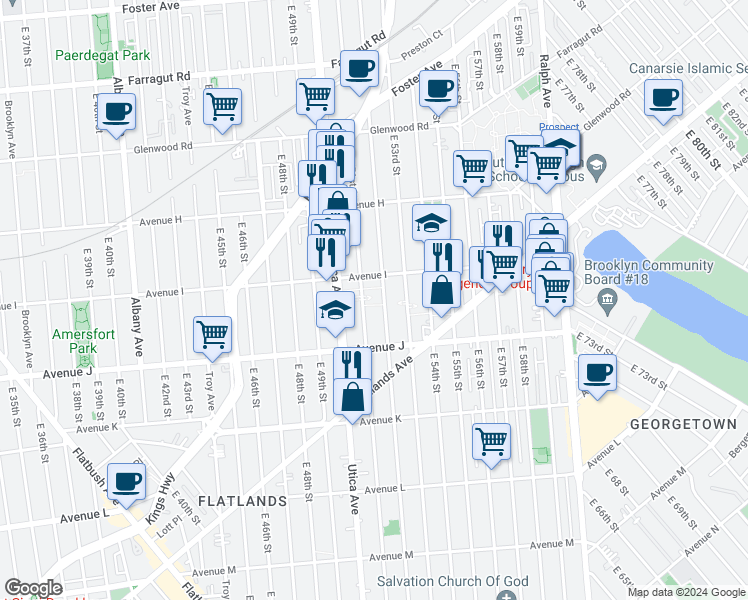 map of restaurants, bars, coffee shops, grocery stores, and more near 5202 Avenue I in Brooklyn