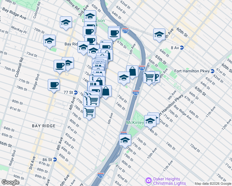 map of restaurants, bars, coffee shops, grocery stores, and more near 553 73rd Street in Brooklyn