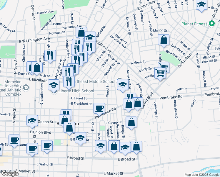 map of restaurants, bars, coffee shops, grocery stores, and more near 1402 Wood Street in Bethlehem
