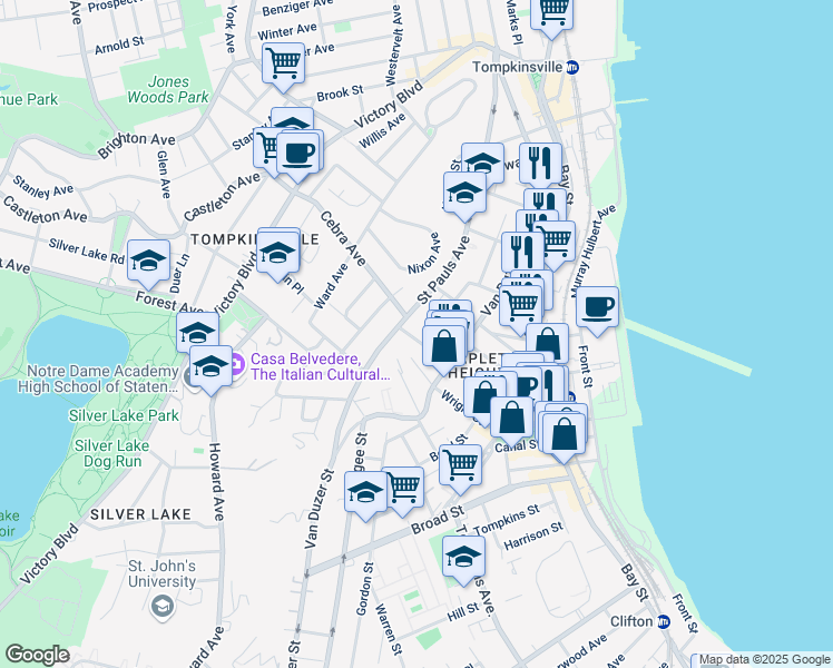 map of restaurants, bars, coffee shops, grocery stores, and more near 169 Beach Street in Staten Island