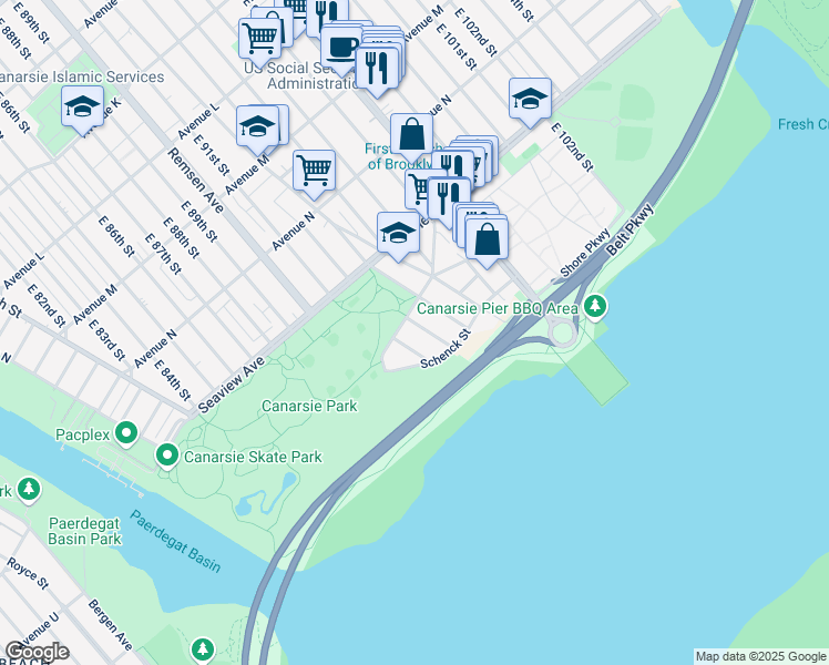 map of restaurants, bars, coffee shops, grocery stores, and more near 1782 East 92nd Street in Brooklyn