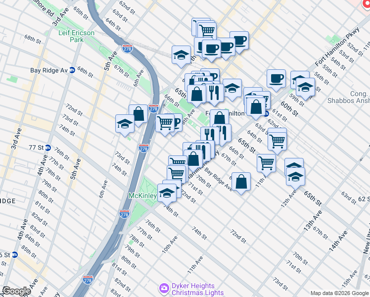 map of restaurants, bars, coffee shops, grocery stores, and more near 839 68th Street in Brooklyn
