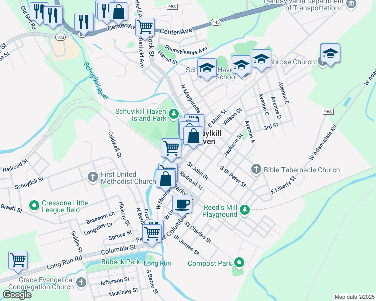 map of restaurants, bars, coffee shops, grocery stores, and more near 33 West Main Street in Schuylkill Haven