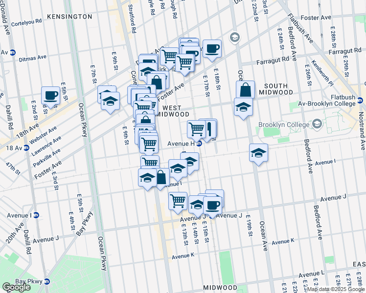 map of restaurants, bars, coffee shops, grocery stores, and more near East 14th Street & Avenue H in Brooklyn