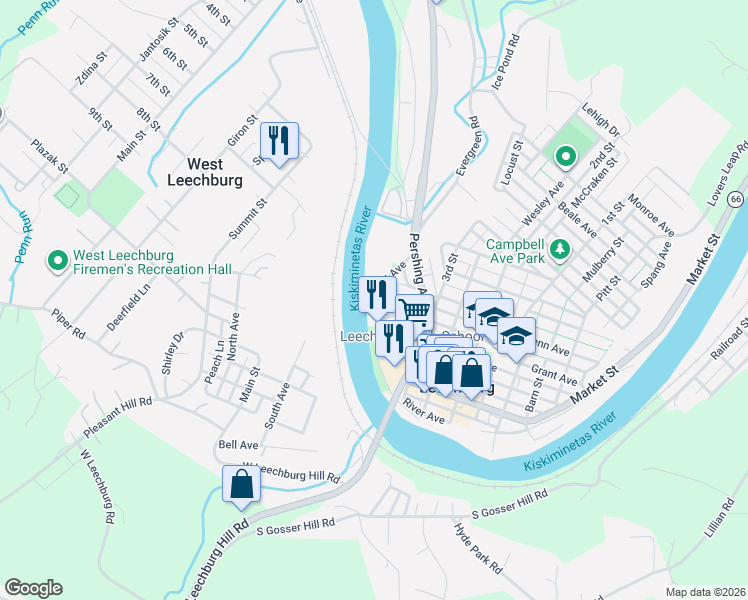 map of restaurants, bars, coffee shops, grocery stores, and more near North Leechburg Street in Leechburg