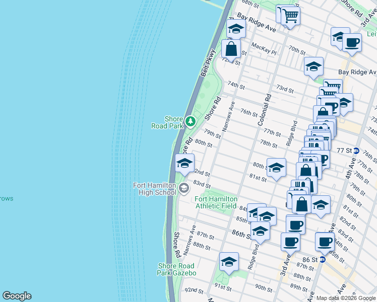 map of restaurants, bars, coffee shops, grocery stores, and more near 8015 Shore Road in Brooklyn
