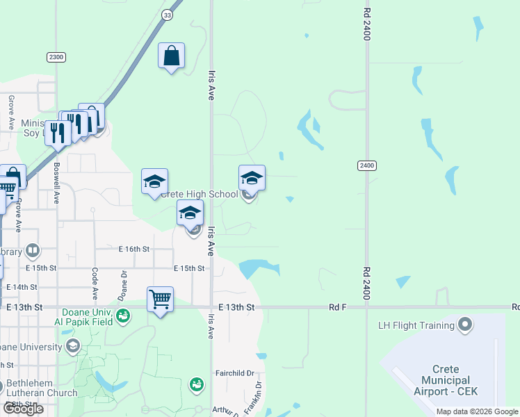 map of restaurants, bars, coffee shops, grocery stores, and more near 1750 Iris Avenue in Crete