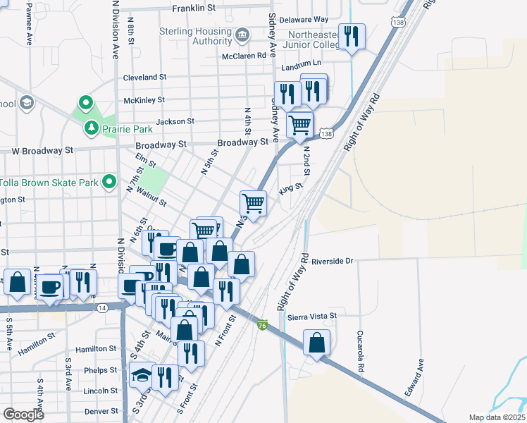 map of restaurants, bars, coffee shops, grocery stores, and more near 229 Pine Street in Sterling