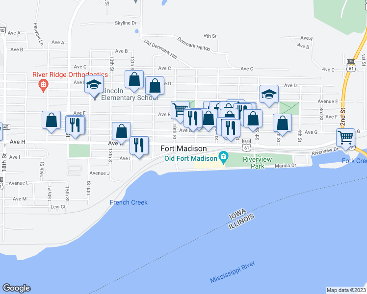 map of restaurants, bars, coffee shops, grocery stores, and more near 902 Avenue H in Fort Madison