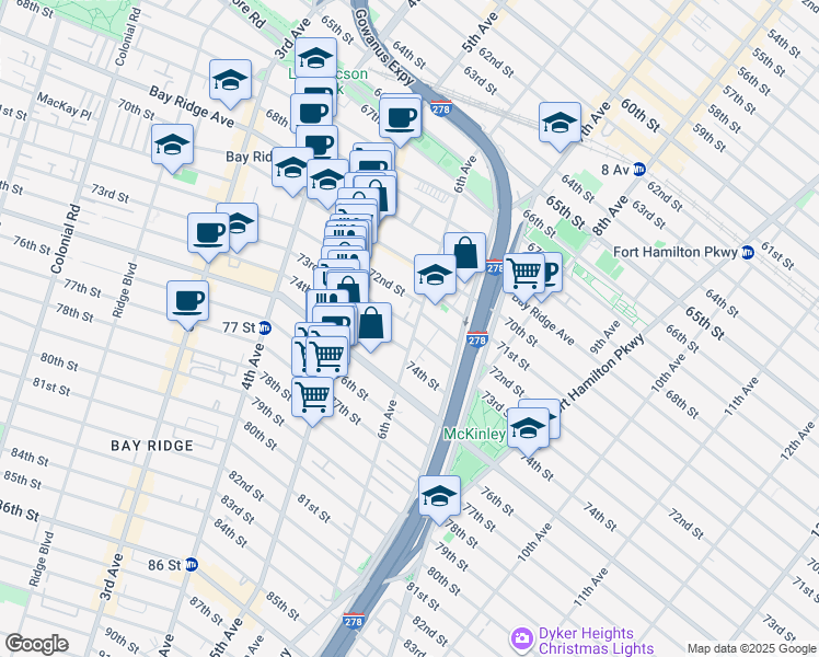 map of restaurants, bars, coffee shops, grocery stores, and more near 553 73rd Street in Brooklyn