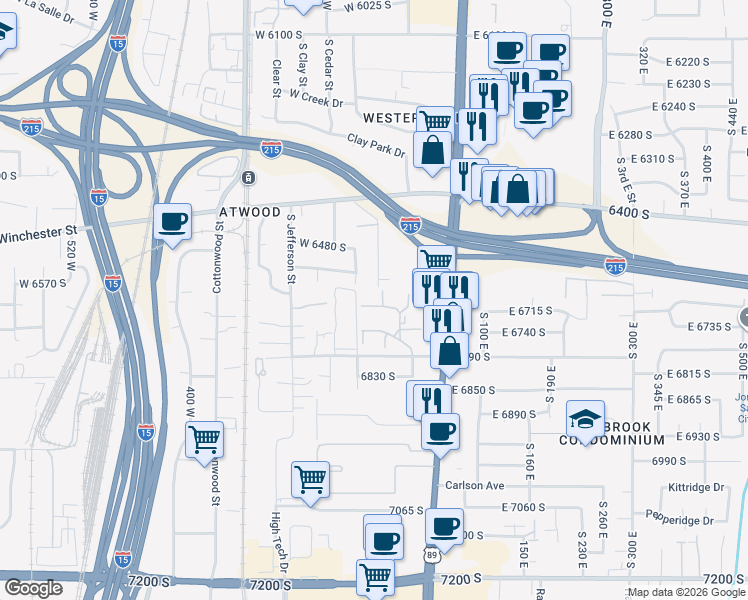 map of restaurants, bars, coffee shops, grocery stores, and more near 43 Malstrom Court in Murray