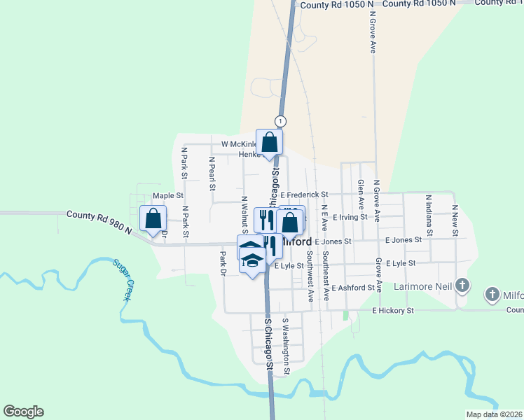 map of restaurants, bars, coffee shops, grocery stores, and more near 300 North Chicago Street in Milford
