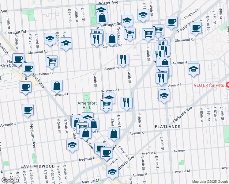 map of restaurants, bars, coffee shops, grocery stores, and more near 1010 East 43rd Street in Brooklyn