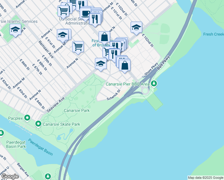 map of restaurants, bars, coffee shops, grocery stores, and more near 1771 East 93rd Street in Brooklyn
