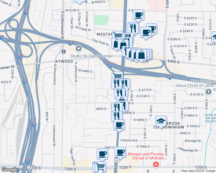 map of restaurants, bars, coffee shops, grocery stores, and more near 34 Lester Avenue in Murray