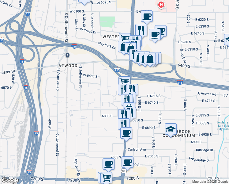 map of restaurants, bars, coffee shops, grocery stores, and more near 6526 State Street in Murray