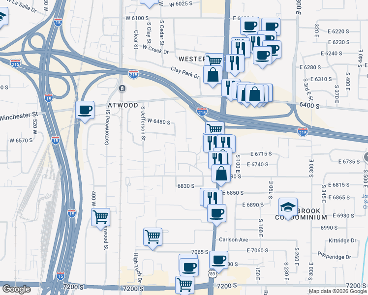 map of restaurants, bars, coffee shops, grocery stores, and more near 43 Malstrom Court in Murray