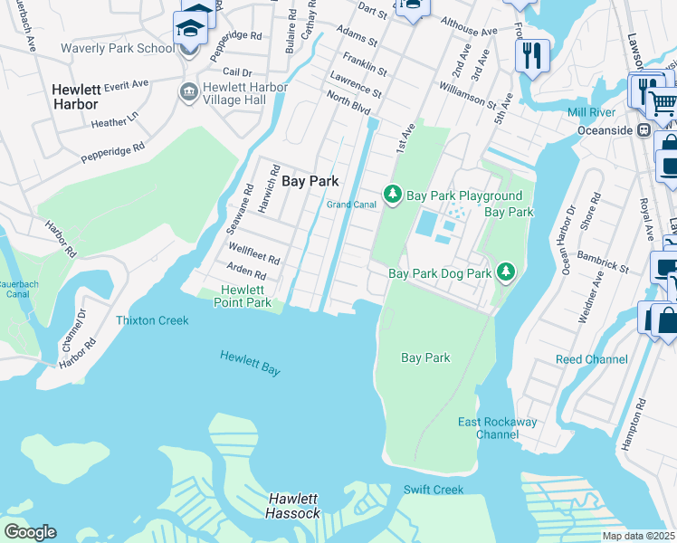 map of restaurants, bars, coffee shops, grocery stores, and more near 123 West Boulevard in East Rockaway