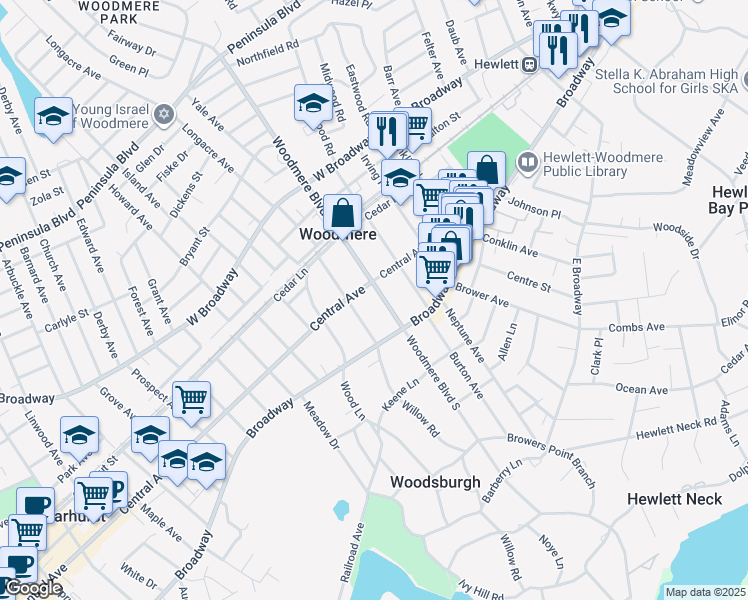 map of restaurants, bars, coffee shops, grocery stores, and more near 55 Woodmere Boulevard in Woodmere