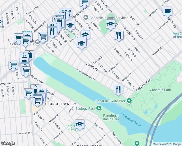 map of restaurants, bars, coffee shops, grocery stores, and more near 29 Paerdegat 7th Street in Brooklyn