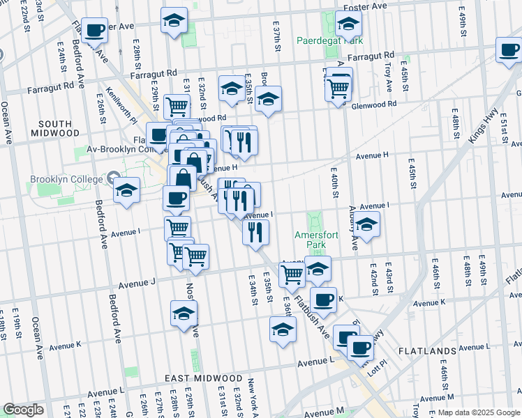 map of restaurants, bars, coffee shops, grocery stores, and more near 989 East 35th Street in Brooklyn