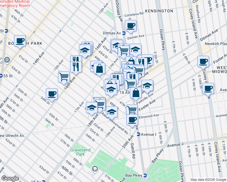 map of restaurants, bars, coffee shops, grocery stores, and more near 1751 46th Street in Brooklyn