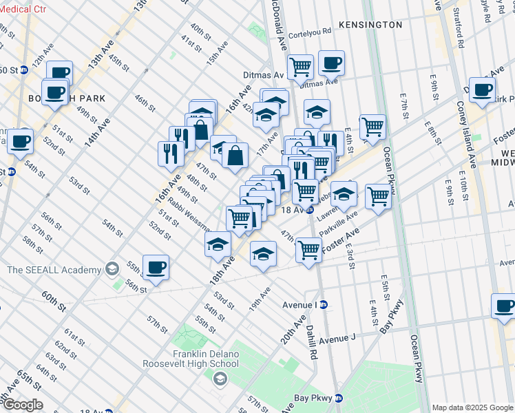 map of restaurants, bars, coffee shops, grocery stores, and more near 1751 46th Street in Brooklyn