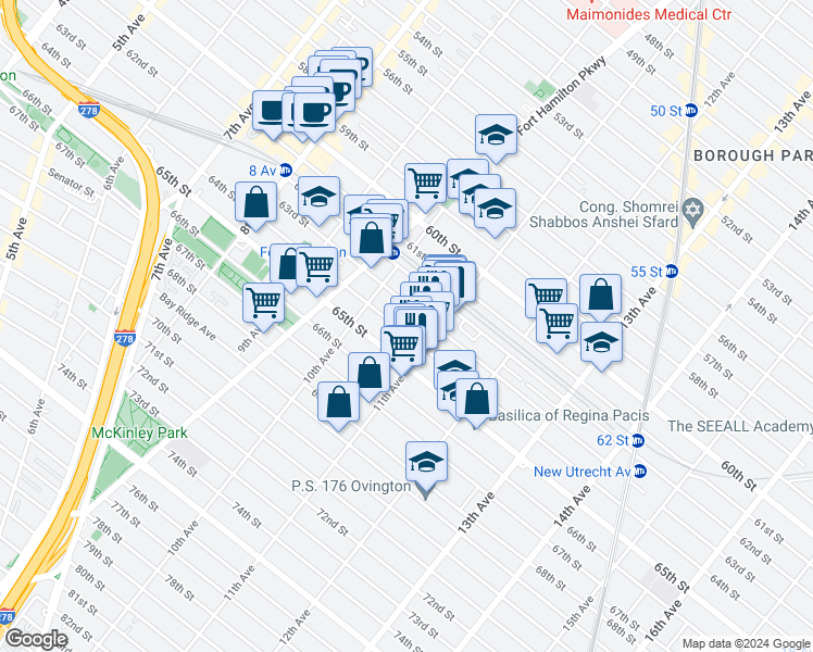 map of restaurants, bars, coffee shops, grocery stores, and more near 1047 63rd Street in Brooklyn