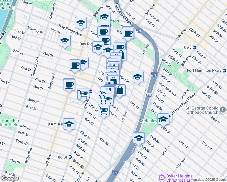 map of restaurants, bars, coffee shops, grocery stores, and more near 7402 5th Avenue in Brooklyn