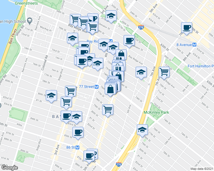 map of restaurants, bars, coffee shops, grocery stores, and more near 454 74th Street in Brooklyn