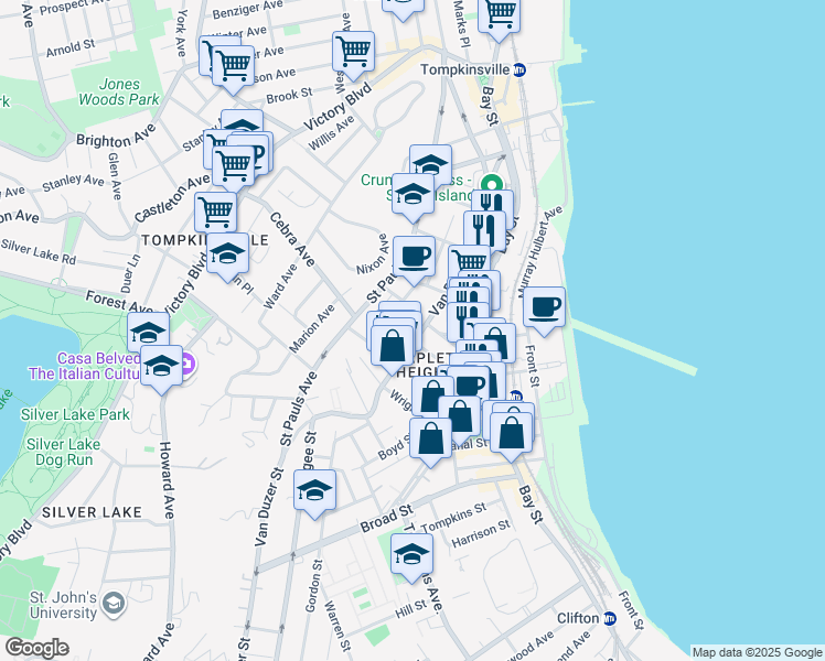 map of restaurants, bars, coffee shops, grocery stores, and more near 320 Van Duzer Street in Staten Island