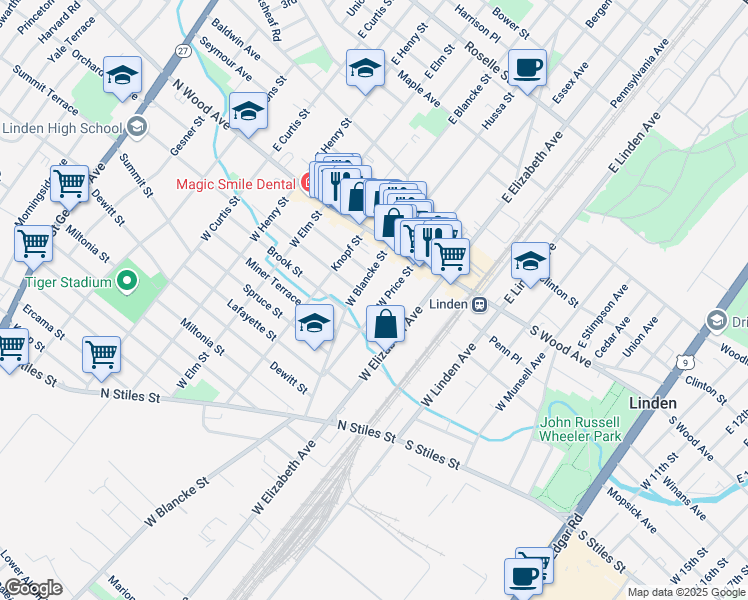 map of restaurants, bars, coffee shops, grocery stores, and more near 120 West Blancke Street in Linden