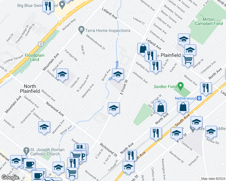 map of restaurants, bars, coffee shops, grocery stores, and more near 2 Farragut Road in Plainfield