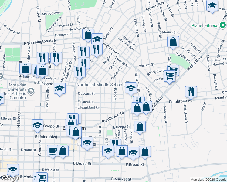 map of restaurants, bars, coffee shops, grocery stores, and more near 1402 Wood Street in Bethlehem