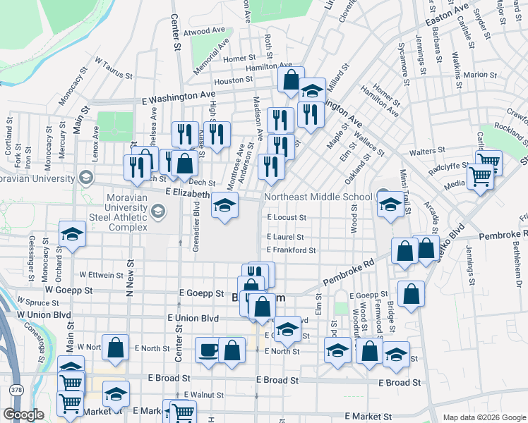 map of restaurants, bars, coffee shops, grocery stores, and more near 1301 Linden Street in Bethlehem