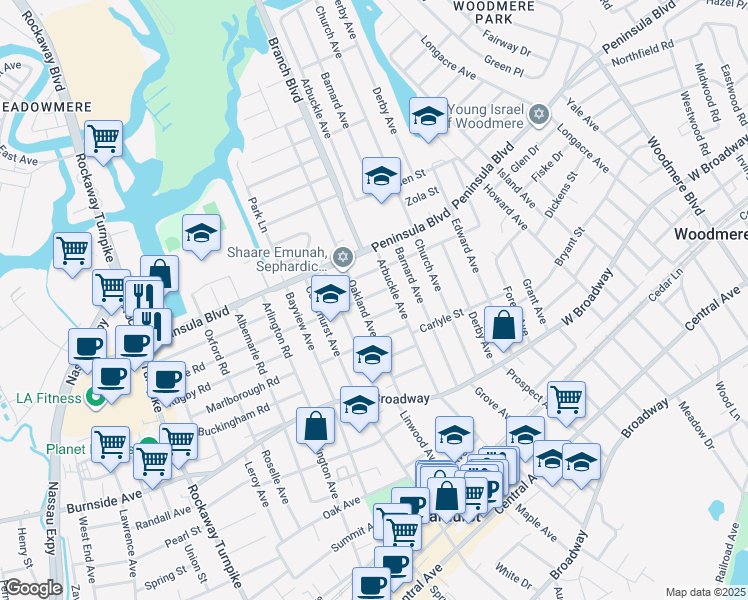 map of restaurants, bars, coffee shops, grocery stores, and more near 573 Lincoln Street in Cedarhurst