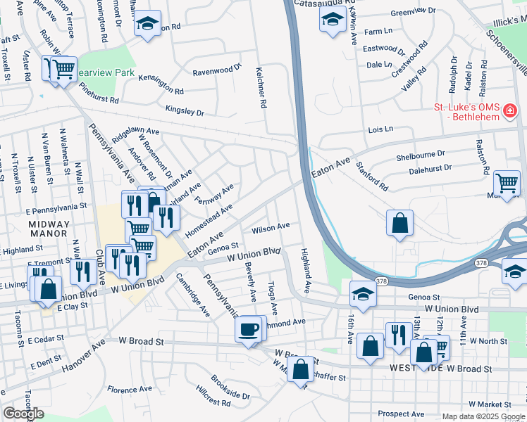 map of restaurants, bars, coffee shops, grocery stores, and more near 1865 Eaton Avenue in Bethlehem