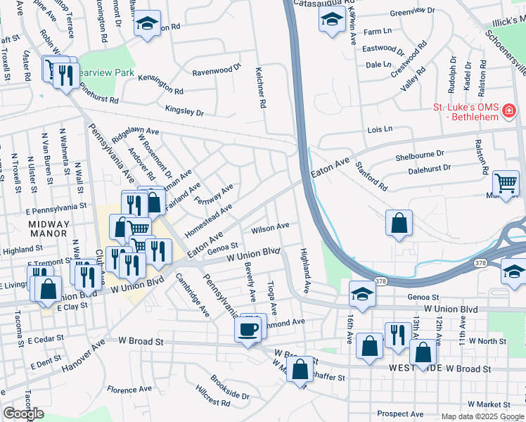 map of restaurants, bars, coffee shops, grocery stores, and more near 1865 Eaton Avenue in Bethlehem