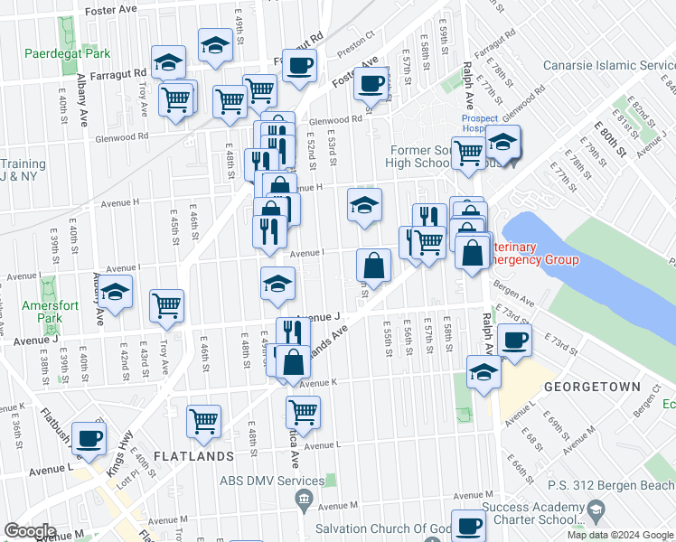 map of restaurants, bars, coffee shops, grocery stores, and more near 5202 Avenue I in Brooklyn