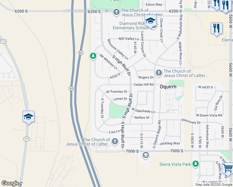 map of restaurants, bars, coffee shops, grocery stores, and more near 6257 West Townley Street in West Jordan