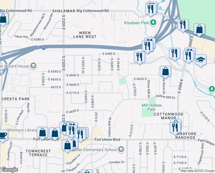 map of restaurants, bars, coffee shops, grocery stores, and more near 6681 South 2560 East in Cottonwood Heights