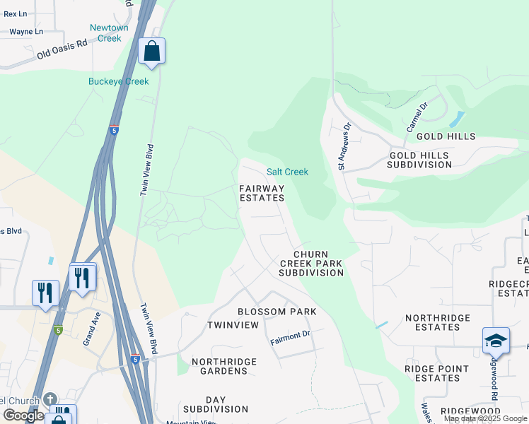 map of restaurants, bars, coffee shops, grocery stores, and more near 5964 La Quinta Court in Redding