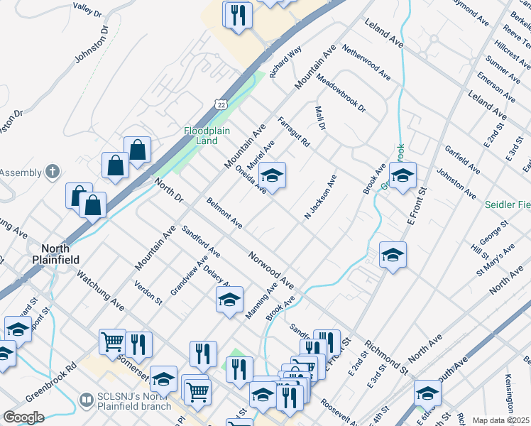 map of restaurants, bars, coffee shops, grocery stores, and more near 158 Oneida Avenue in North Plainfield